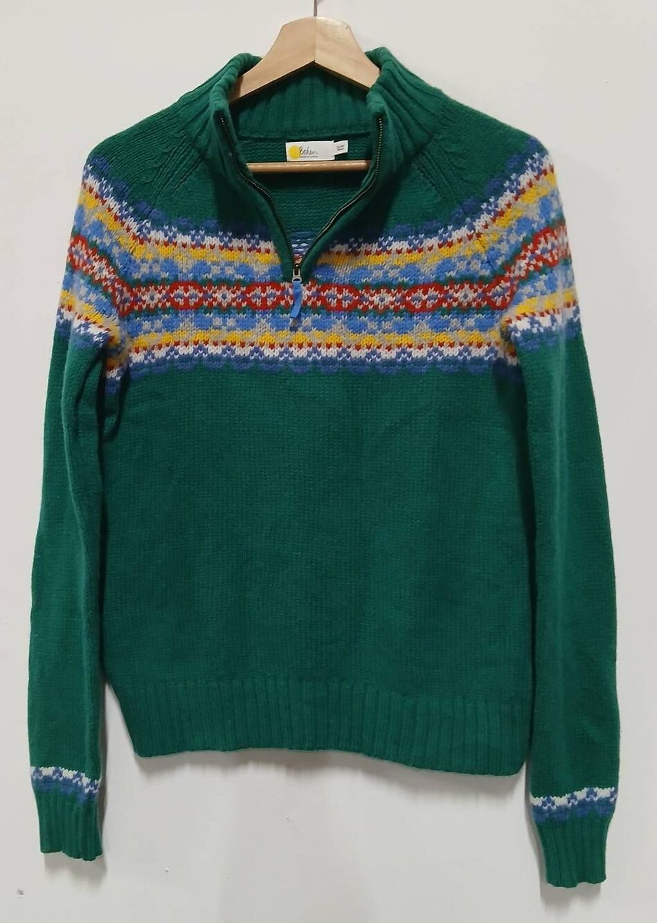 Boden womens small fairisle sweater emerald green wool mockneck Nordic